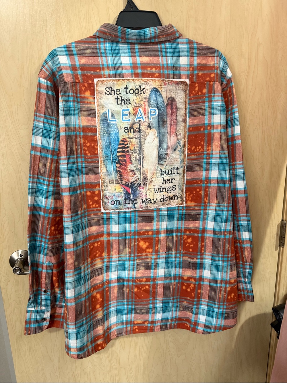 Plaid Button-Down Shirt with Feather Art Patch - Rust & Turquoise
